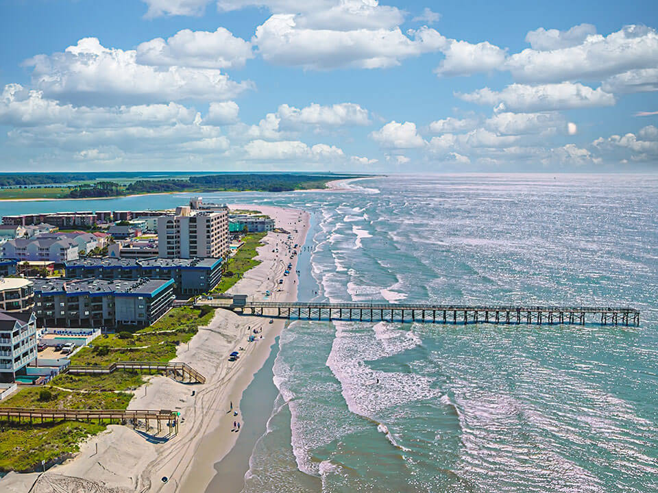 Aerial view of the beach and water in North Myrtle Beach