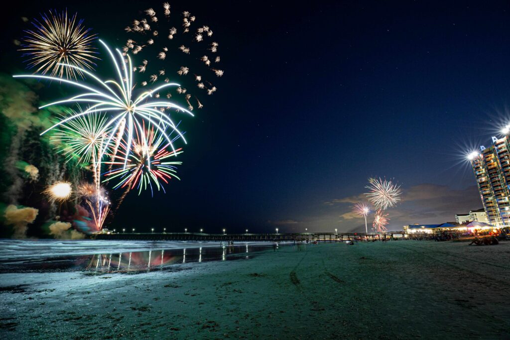 Firework display over the beach during Myrtle Beach festival at the 4th of July